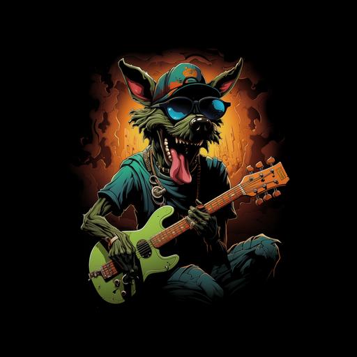 a dog similar to scooby doo playing a guitar with a mask on his face. cartoon graffiti style. black background --s 250