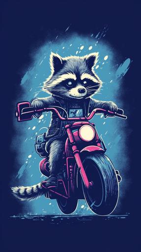 a punk racoon riding a motorbike on the road escaping from a storm. cartoon style. indie pop merch design. --ar 9:16 --s 750 --q 2 --v 5.1