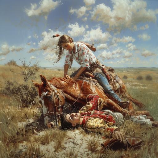 an indian girl riding a horse while she is saving a wounded young cowboy --s 250 --v 6.0