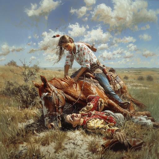 an indian girl riding a horse while she is saving a wounded young cowboy --s 250