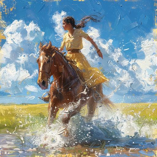 an indian girl riding a horse while she is saving a wounded young cowboy. Directed by Wes Anderson and painted by Claude Monet --s 250