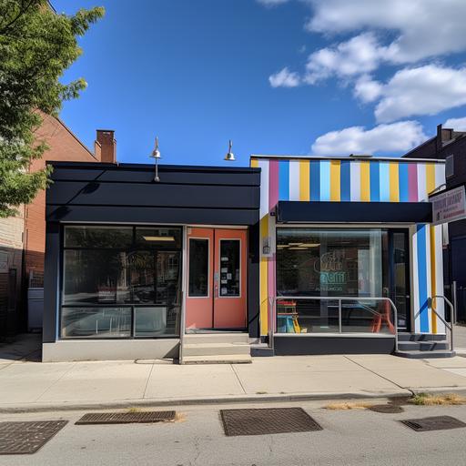 storefront deisgn with tall window openings and a canopy held from the top, one door, on the sidewalk a play of pops o colors with piano tile deign