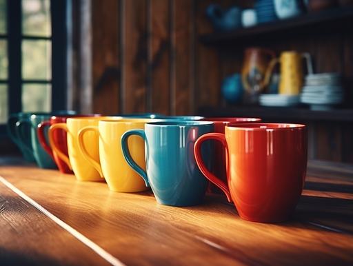 8 mugs, blue and yellow and red colours, on a dark brown wooden table, light accents, close-up shot, in a kitchen, beige tone, sunlight coming through window, realistic, 8k, --v 5.2 --style raw --ar 4:3