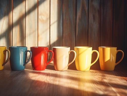 8 mugs, blue and yellow and red colours, on a dark brown wooden table, light accents, close-up shot, in a kitchen, beige tone, sunlight coming through window, realistic, 8k, --v 5.2 --style raw --ar 4:3
