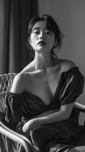 a Korean woman in her 20s sits in black and white in a chair, in the style of celebrity photography, curvaceous and fit body, loose gestures, oversized blouse, maximilian pirner, angelina wrona, crisp and clean, firmin baes, mamiya rb67, cinematic still, attractive --v 6.0 --style raw --ar 1080:1920