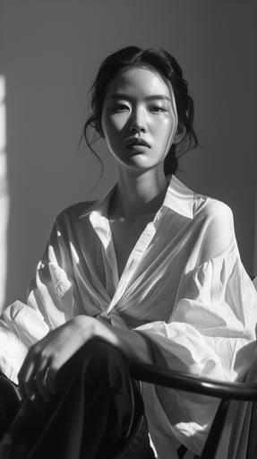 a Korean woman in her 20s sits in black and white in a chair, in the style of celebrity photography, fit body, loose gestures, oversized blouse, maximilian pirner, angelina wrona, crisp and clean, firmin baes, mamiya rb67, cinematic still, attractive --v 6.0 --style raw --ar 1080:1920