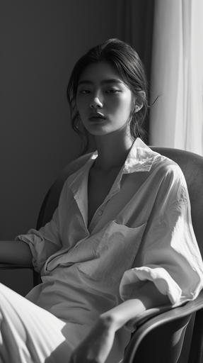 a Korean woman in her 20s sits in black and white in a chair, in the style of celebrity photography, fit body, loose gestures, oversized blouse, maximilian pirner, angelina wrona, crisp and clean, firmin baes, mamiya rb67, cinematic still, attractive --v 6.0 --style raw --ar 1080:1920