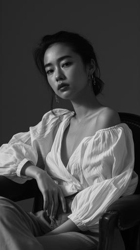 a Korean woman in her 20s sits in black and white in a chair, in the style of celebrity photography, fit body, loose gestures, oversized blouse, maximilian pirner, angelina wrona, crisp and clean, firmin baes, mamiya rb67, cinematic still, attractive --v 6.0 --style raw --ar 1080:1920