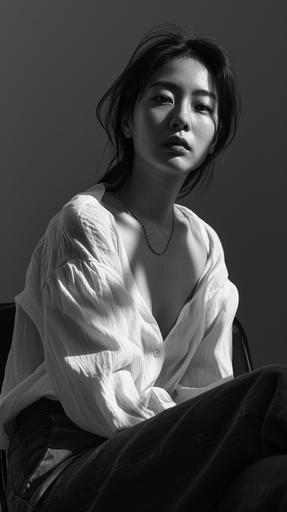 a Korean woman in her 20s sits in black and white in a chair, in the style of celebrity photography, fit body, loose gestures, oversized blouse, maximilian pirner, angelina wrona, crisp and clean, firmin baes, mamiya rb67, cinematic still, attractive --v 6.0 --style raw --ar 1080:1920