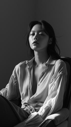 a Korean woman in her 20s sits in black and white in a chair, in the style of celebrity photography, fit body, loose gestures, oversized blouse, maximilian pirner, angelina wrona, crisp and clean, firmin baes, mamiya rb67, cinematic still, attractive --v 6.0 --style raw --ar 1080:1920