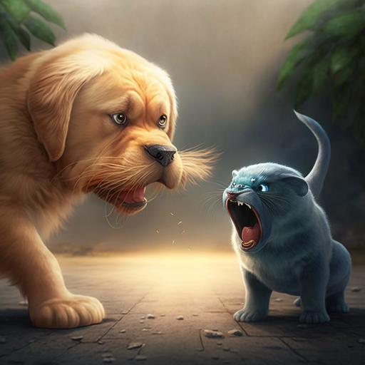 story for 6-8 years old, characters : very brave dog - golden retriever, very angry blue cat cartoon, 8k