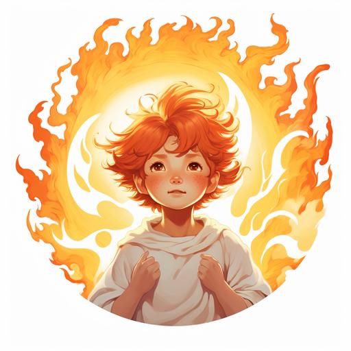 God's white background logo in the image of a Helios Ghibli-style child surrounded by the flames of the sun