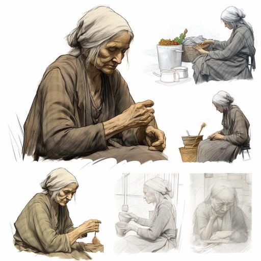 storyboard sketches of a old village lady, sewing dress, side angle