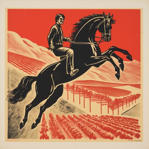 straight legs jumping horse with a man on his back with a big clutch of grapes, red ink, line engraving, intaglio by saul bass, winefield, italy in communism poster style, antique vintage matchbox label