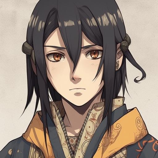 straight medium parted bishonen black hair, no bangs, yellow eyes, eyeshadow, [ornate black tshirt], drawn in Naruto style, white skin, village, [drowsy], older male kid, --v 5 --q 2 --s 750