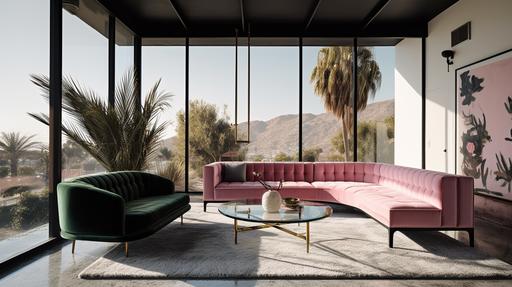 straight on angle photo of a large horizantal glass black frame art of slim aarons hanging on a high ceiling wall in an expensive spacious scandinavian mediterrenean 70s style palm springs home above a rectangular pink velvet couch, a pastel pink carpet, very sunlit room, summer vibes, santorini vibes, white walls , palm tree, next to the couch, the interior designer was inspired by barbie dream house, minimal decor with pops of color, breathtaking scenery with a blue sky and a glistening pool outdoors visible from the large black frame windors, luxury, wheeler collective, vogue, high resolution, design awards, hay furniture, pastel tones --ar 16:9 --q 2 --v 5