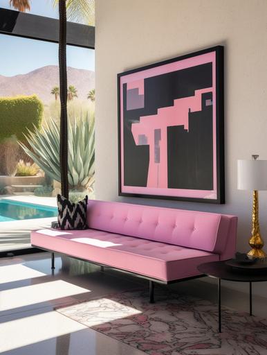 straight on angle photo of a large horizantal glass black frame art of slim aarons hanging on a wall outdoors in the garden area of an expensive spacious scandinavian mediterrenean 70s style palm springs home above a rectangular pink velvet couch, a pastel pink carpet, full of sunshine summer vibes, santorini vibes, white walls , palm tree, next to the couch, the interior designer was inspired by barbie dream house, minimal decor with pops of color, breathtaking scenery with a blue sky and a glistening pool next to the wall, luxury, wheeler collective, vogue, high resolution, design awards, hay furniture, pastel tones --ar 3:4 --q 2 --v 5