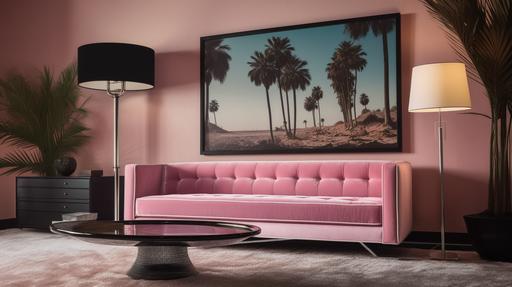 straight on angle photo of a large horizantal glass black frame art of slim aarons hanging on a wall above an expensive scandinavian mediterrenean 70s style pink velvet couch, there is a lighting fixture and its also pink and velvet, as well as the carpet, palm tree, next to the couch, the interior designer was inspired by barbie dream house, maximalist decor with pops of color, breathtaking scenery, luxury, wheeler collective, vogue, high resolution, design awards, hay furniture, pastel tones --ar 16:9 --q 2 --v 5