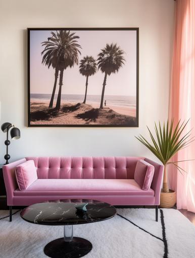 straight on angle photo of a large horizantal glass black frame art of slim aarons hanging on a wall in an expensive scandinavian mediterrenean 70s style home above a rectangular pink velvet couch, a pastel pink carpet, very sunlit room, summer vibes, santorini vibes, white walls , palm tree, next to the couch, the interior designer was inspired by barbie dream house, minimal decor with pops of color, breathtaking scenery, luxury, wheeler collective, vogue, high resolution, design awards, hay furniture, pastel tones --ar 3:4 --q 2 --v 5