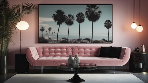 straight on angle photo of a large horizantal glass black frame art of slim aarons hanging on a wall above an expensive scandinavian mediterrenean 70s style pink velvet couch, there is a lighting fixture and its also pink and velvet, as well as the carpet, palm tree, next to the couch, the interior designer was inspired by barbie dream house, maximalist decor with pops of color, breathtaking scenery, luxury, wheeler collective, vogue, high resolution, design awards, hay furniture, pastel tones --ar 16:9 --q 2 --v 5
