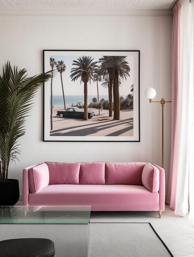 straight on angle photo of a large horizantal glass black frame art of slim aarons hanging on a wall in an expensive scandinavian mediterrenean 70s style home above a rectangular pink velvet couch, a pastel pink carpet, very sunlit room, summer vibes, santorini vibes, white walls , palm tree, next to the couch, the interior designer was inspired by barbie dream house, minimal decor with pops of color, breathtaking scenery, luxury, wheeler collective, vogue, high resolution, design awards, hay furniture, pastel tones --ar 3:4 --q 2 --v 5