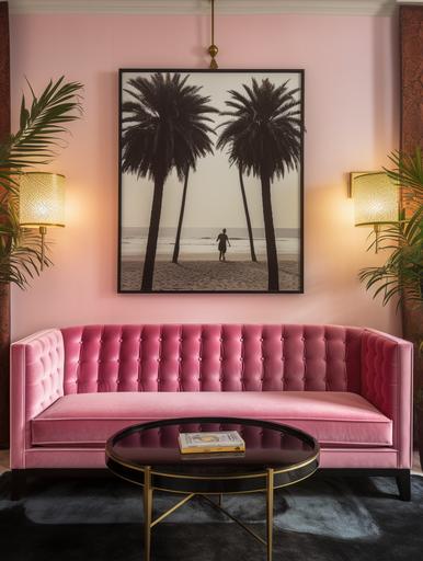 straight on angle photo of a large horizantal glass black frame art of slim aarons hanging on a wall above an expensive scandinavian mediterrenean 70s style pink velvet couch, there is a lighting fixture and its also pink and velvet, as well as the carpet, palm tree, next to the couch, the interior designer was inspired by barbie dream house, minimal decor with pops of color, breathtaking scenery, luxury, wheeler collective, vogue, high resolution, design awards, hay furniture, pastel tones --ar 3:4 --q 2 --v 5