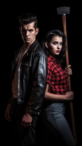straight on hero shot. 1950s greaser who looks like John Travolta from grease wearing a leather jacket and holding a bloddy wooden stake. also there is a young woman with black hair wearing a plaid summer dress holding a bloody knife. they're back to back in a heroic pose. full body shot. In the style of 1950s horror movie poster illustrated 8k --v 5.1 --ar 9:16