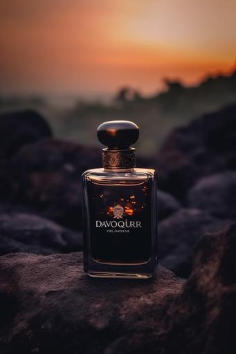 straight-on shot of perfume on top of a few dark rocks, fire sparks in the foreground, lava, Amazon rainforest in the background, blurry sunrise behind the bottle. --v 5 --ar 2:3