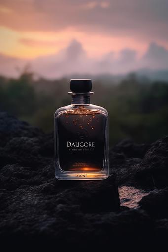 straight-on shot of perfume on top of a few dark rocks, fire sparks in the foreground, lava, Amazon rainforest in the background, blurry sunrise behind the bottle. --v 5 --ar 2:3