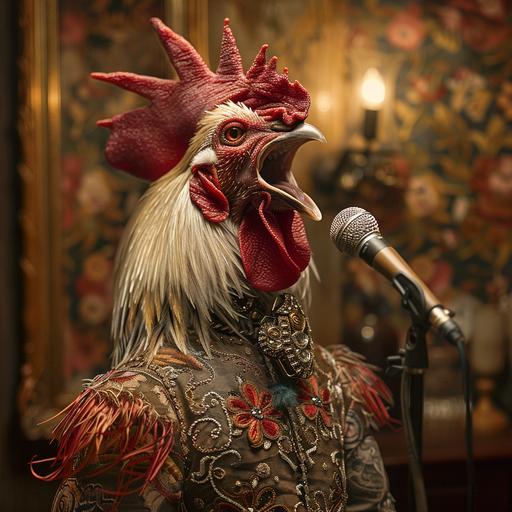 strange monster shaped roosterwolf half wolf half rooster mixed in art deco clothing singing in concert --s 377 --v 6.0