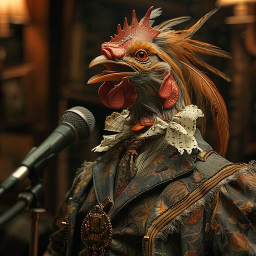 strange monster shaped roosterwolf half wolf half rooster mixed in art deco clothing singing in concert --s 377 --v 6.0