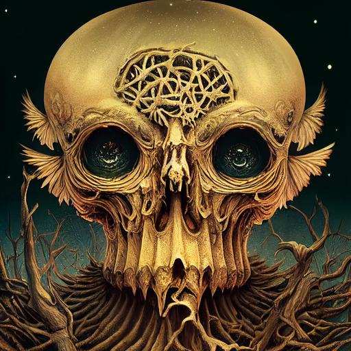 strange winged skull creature, adorable symmetrical design, graveyard, spooky forest, nighttime, sky full of sparkling stars, halloween, extremely detailed, intricate, surreal, unique, stunningly beautiful illustration by Naoto Hattori --no border, text, letters, words, writing, signature, logo, watermark --test --creative --upbeta