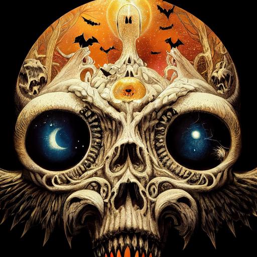 strange winged skull creature, adorable symmetrical design, graveyard, spooky forest, nighttime, sky full of sparkling stars, halloween, extremely detailed, intricate, surreal, unique, stunningly beautiful illustration by Naoto Hattori --no border, text, letters, words, writing, signature, logo, watermark --test --creative --upbeta