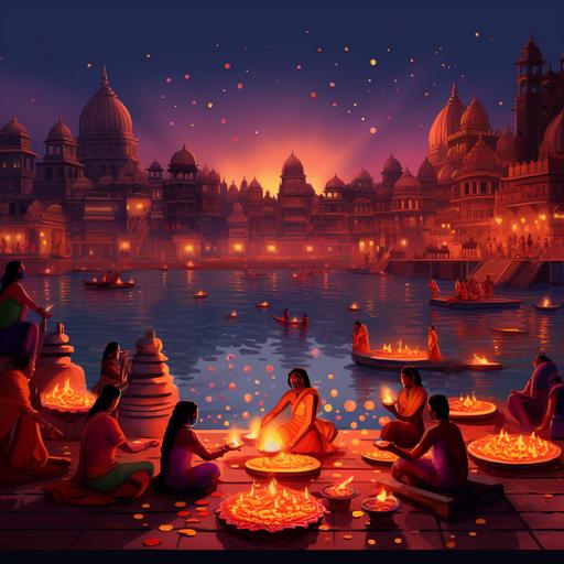 Design an artwork that captures the essence of Diwali, centered around a family performing puja on the Banaras Ghat. Elements to Include: Central Diya: A luminous diya in the center. Rangoli: Vibrant patterns encircling the diya. Deities: Goddess Lakshmi and Lord Ganesh being worshipped. Backdrop: A sky filled with fireworks. Setting: The iconic Banaras Ghats with the Ganga river flowing gently. Family Focus: Puja Scene: Depict a family consisting of: Dada & Dadi (Grandparents): Positioned respectfully, guiding the rituals. Papa & Mummy (Parents): Actively performing the puja. Elder Girl (6 years): Holding a small diya or flower, watching intently. Younger Boy (3 years): Curiously observing, possibly holding a bell or sweet. The family should be shown in a harmonious setting, performing the Laxmi-Ganesh puja on the Banaras Ghat. Guidance: The family's interaction and the puja ritual should be the central theme, capturing the traditional and familial spirit of Diwali.