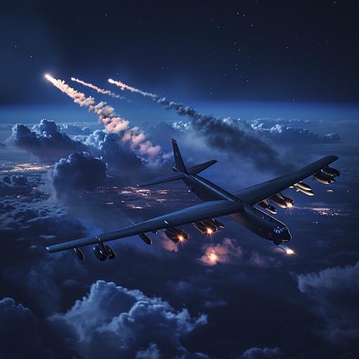 stratofortress bomber airplane dropping bombs at night --v 6.0