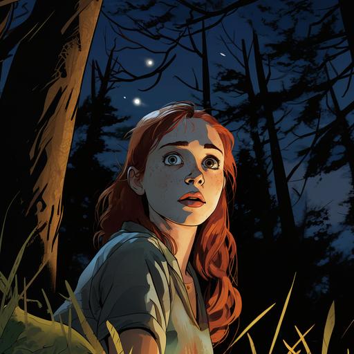 strawberry blonde girl looking at you uncertainly with her arms crossed in the woods, scared, uncertain, woods at night, freckles, she doesn’t know what to do. Comic book illustration, cartoon, image comics