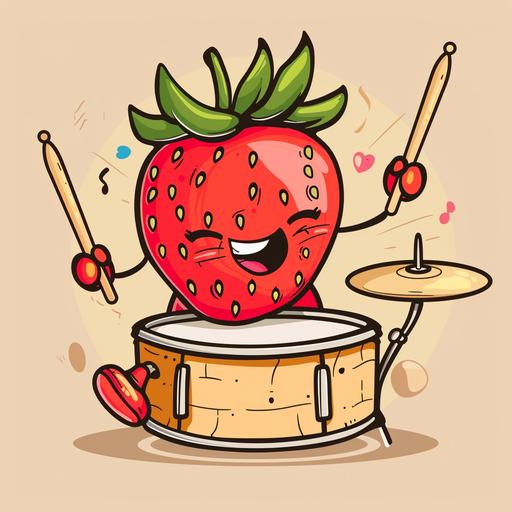 strawberry playing drums, cartoon, playful