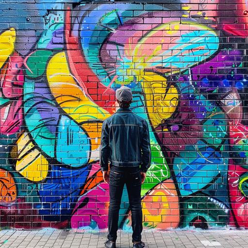 street art / graffiti / cartoon style / man from behind / stands in front of a wall / vibrant colored bricks / abstract / colorful graffiti street art / symbolic / bold composition / aspirational / influential / inspirational --v 6.0