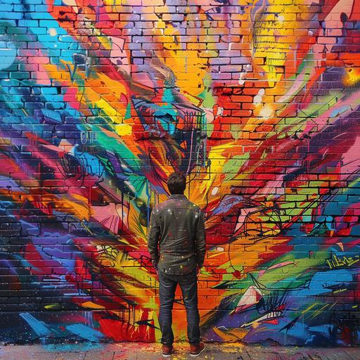 street art / graffiti / cartoon style / man from behind / stands in front of a wall / vibrant colored bricks / abstract / colorful graffiti street art / symbolic / bold composition / inspirational --v 6.0