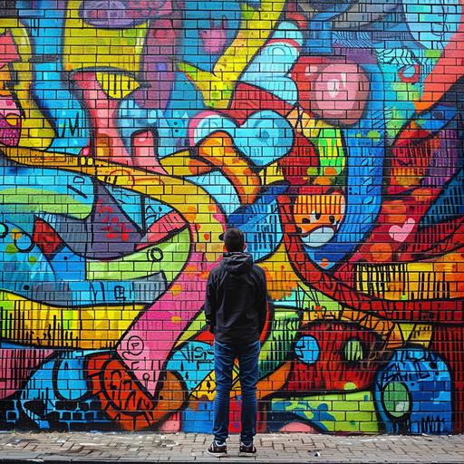 street art / graffiti / cartoon style / man from behind / stands in front of a wall / vibrant colored bricks / abstract / colorful graffiti street art / symbolic / bold composition / aspirational / influential / inspirational --v 6.0