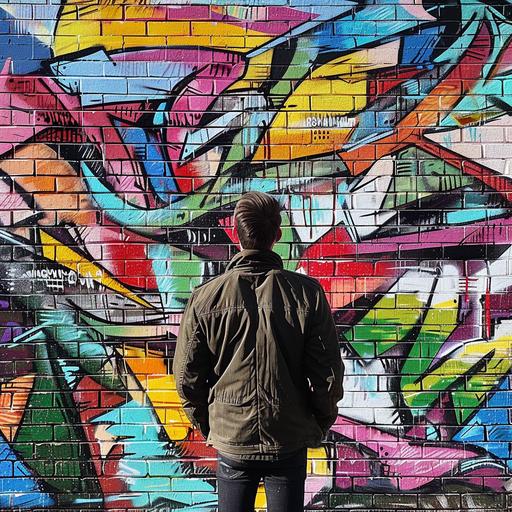 street art / graffiti / cartoon style / man from behind / stands in front of a wall / vibrant colored bricks / abstract / colorful graffiti street art / symbolic / bold composition / aspirational / influential / inspirational --v 6.0