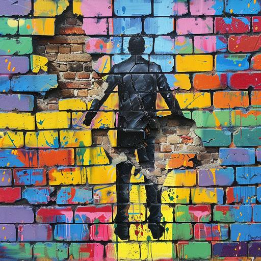 street art / graffiti / cartoon style / man from behind / pulls down a wall / colored bricks / abstract / colorful street art graffiti appears behind it / symbolic --v 6.0