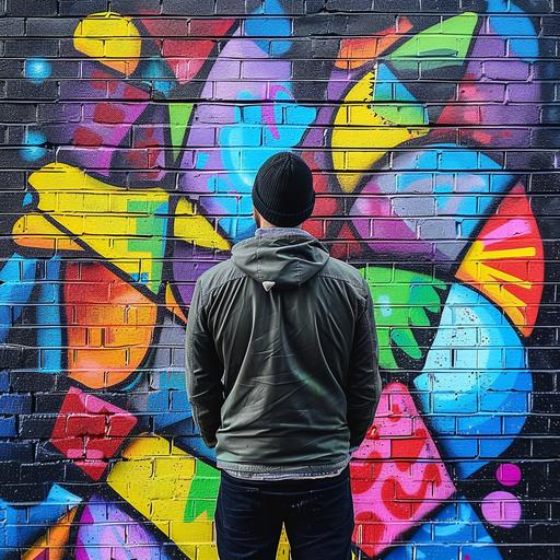 street art / graffiti / cartoon style / man from behind / stands in front of a wall / vibrant colored bricks / abstract / colorful graffiti street art / symbolic / bold composition / inspirational --v 6.0