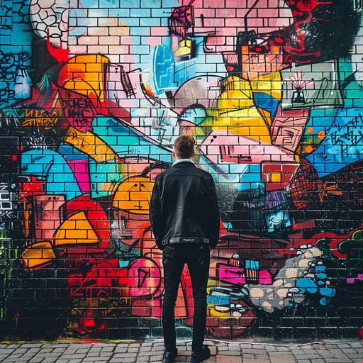 street art / graffiti / cartoon style / man from behind / stands in front of a wall / vibrant colored bricks / abstract / colorful graffiti street art / symbolic / bold composition / inspirational --v 6.0