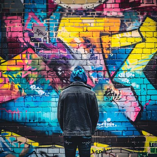 street art / graffiti / cartoon style / man from behind / stands in front of a wall / vibrant colored bricks / abstract / colorful graffiti street art / symbolic / bold composition / inspirational --v 6.0