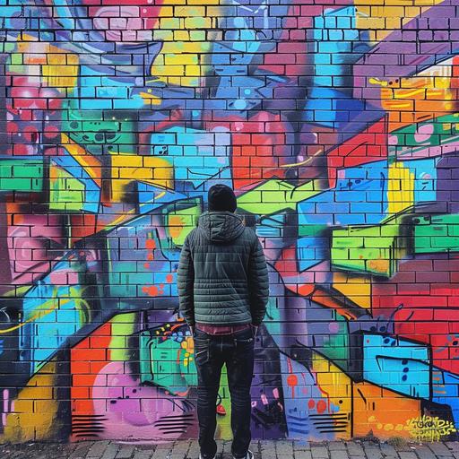 street art / graffiti / cartoon style / man from behind / stands in front of a wall / vibrant colored bricks / abstract / colorful graffiti street art / symbolic / bold composition / aspirational / influential / inspirational --v 6.0