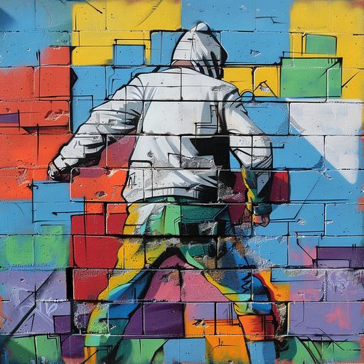 street art / graffiti / cartoon style / man from behind / pulls down a wall / colored bricks / abstract / colorful street art graffiti appears behind it / symbolic --v 6.0