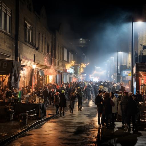 street party on Ivegate in Bradford at night. Photo realistic, hyper real engine, 8k, people are smoking, dancing and chatting. Everyone is having a great time. The people should look like they are from the area and aged 18-24 years old