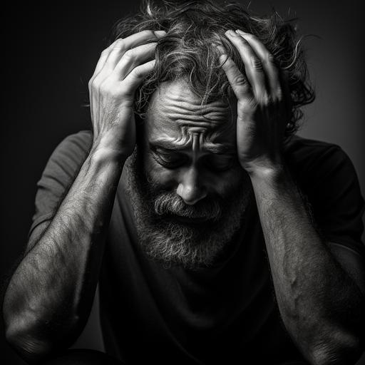 stressed man, black and white saturation, plain black background