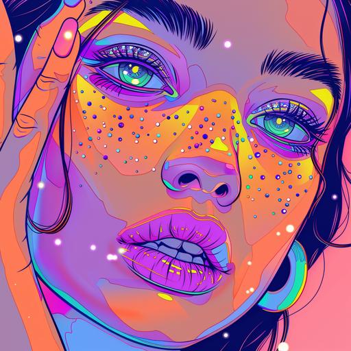 striking tiktok beauty model with sparkly eyes , long eyelashes, freckles, wearing sparkly pop rings. Quirky cartoon art style, line drawings, intense colors, pop style lines, rich details, doll-core, pastel neons, ethereal dancing in a nightclub